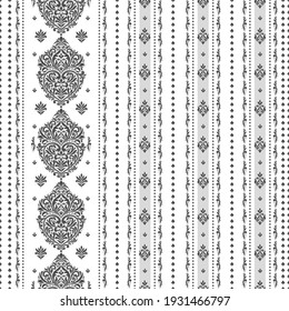 Patrón sin costuras florales en blanco y negro con rayas ornamentales. Motivos orientales tradicionales. Plantilla de ornamento vectorial. Elementos decorativos de paisajes. Excelente para tela y textil.