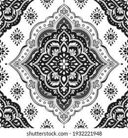 Black and white floral seamless pattern with ornamental stripes. Traditional oriental motifs. Vector ornament template. Decorative paisley elements. Great for fabric and textile.