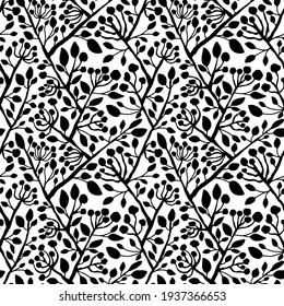 Black and white floral seamless pattern vector. Hand drawn branches with leaves and flowers endless texture. Monochrome inflorescences black silhouettes on white surface design. One of a series