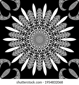 Schwarz-Weiß-Blumen nahtloses Muster. Vektorblumen, Hintergrund. griechischer Stil wiederholen Hintergrund. Mandalas-Ornament. Zierdesign mit Blumen, Mandala, griechischer Schlüssel, Mäander. Wiederholen Sie den Hintergrund.