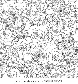 black and white floral seamless pattern of the outlines of stylized flowers
