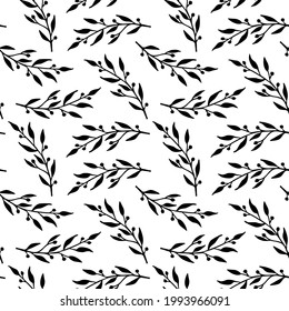 black and white floral seamless pattern, endless repeatable plant texture, vector illustration background
