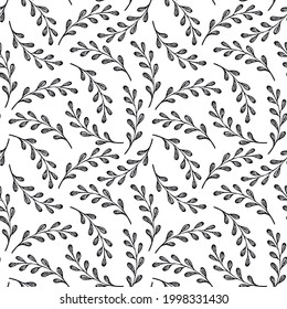 black and white floral seamless pattern, endless repeatable plant texture, vector illustration background