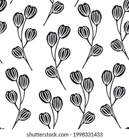 black and white floral seamless pattern, endless repeatable plant texture, vector illustration background