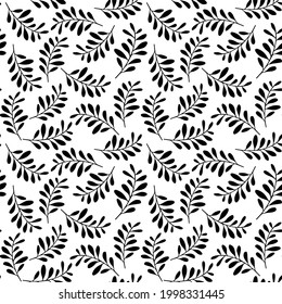 black and white floral seamless pattern, endless repeatable plant texture, vector illustration background