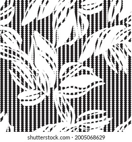 Black and White Floral seamless pattern with striped background for fashion textiles and graphics