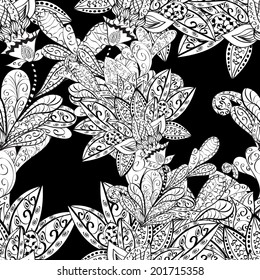 black and white floral seamless pattern with hand drawn flowers. monochrome vector background 