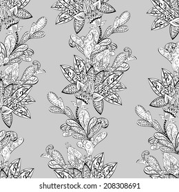 black and white floral seamless pattern on gray background - vector illustration 
