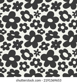 Black And White Floral Seamless Pattern Illustration. Vintage 70s Style Hippie Flower Background Design. Y2k Nature Backdrop With Daisy Flowers.