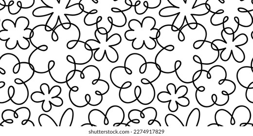 Black and white floral seamless pattern illustration. Vintage 70s style hippie flower background design. Y2k nature backdrop with daisy flowers.