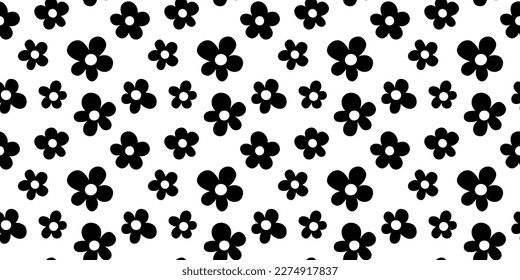 Black and white floral seamless pattern illustration. Vintage 70s style hippie flower background design. Y2k nature backdrop with daisy flowers.