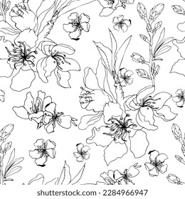 Black and white floral seamless pattern of contour flowers, drawn in ink. Vector illustration for tiles, fabrics.