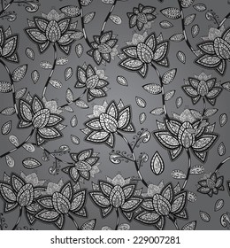 black and white floral seamless pattern on gray background - vector illustration 