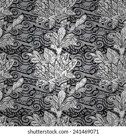 black and white floral seamless pattern on gray background - vector illustration 