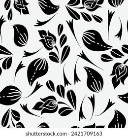Black and white floral seamless pattern. Elegant botanical spring flowers. Hand drawn fabric, gift wrap, wall design. Nature ornament for textile.