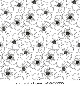 Black and white floral seamless pattern with hand drawn line art flower for textile, wallpaper, scrapbook, cover in shabby chic style. Vector background