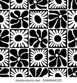 Black and white floral seamless pattern illustration. Vintage style hippie flower background design. Geometric checkered wallpaper print, spring season nature backdrop texture with daisy flowers.