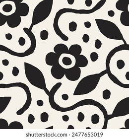 Black and White Floral Seamless Pattern with minimal wavy shapes and Dots. Monochrome botanical background with simple flower leaf. Scandinavian motif. Abstract repeat vector illustration