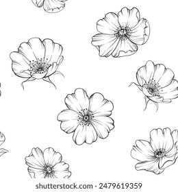 Patrón floral blanco negro sin costuras. Rosa de jardín
