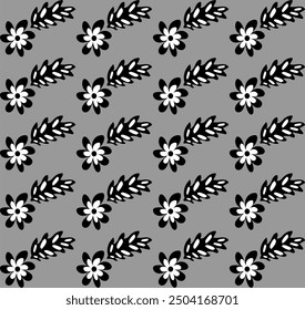 
Black and white floral seamless pattern on gray background