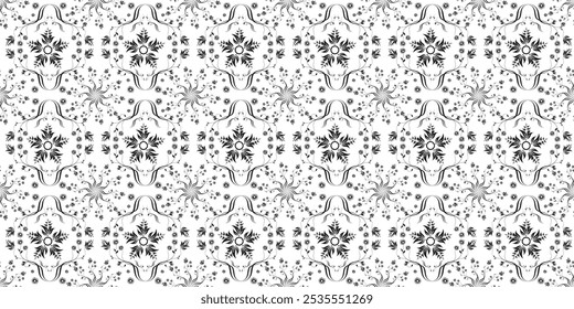 Black and white floral seamless pattern. Seamless pattern with flowers and curls, symmetrical, monochrome. Beautiful Vintage. Traditional, Ethnic, Turkish, Indian motifs. Vector illustration 