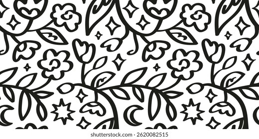 Black and white floral seamless pattern with boo moon, stars, flowers, leaves. Artistic background with hand drawn twigs and grunge brush strokes.