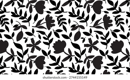 Black and White Floral Seamless Pattern.