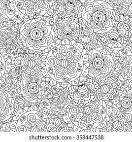 Black and white floral seamless pattern. Round ornament texture in vector. Great choice for wrapping, printing, fabric paper, adult coloring page