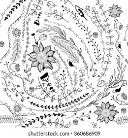 Black white floral seamless pattern. Vector illustration. Doodle elements, branches of trees, flowers.