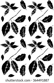 Black and white floral seamless pattern with leaves of wild grape stylized as stamp or imprint; rustic or boho style. May be used for textile, wrapping paper or in scrapbooking