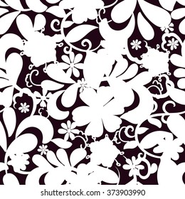 Black and white floral seamless pattern. Hand drawn white silhouette of flowers. Vector background.