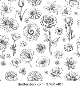 Black and white floral seamless pattern with hand drawn flowers