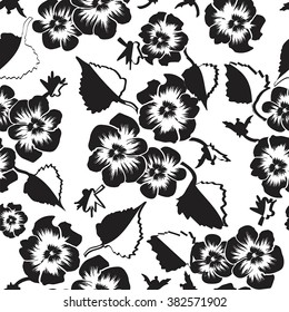 Black and white Floral seamless pattern with flower Pansy. Hand drawn illustration for design of fabric, print, wallpaper. summer pattern flower pansy, isolated on white background vector