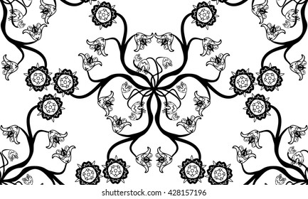 Black and white floral seamless pattern - vector illustration All elements are not cropped and hidden under mask.