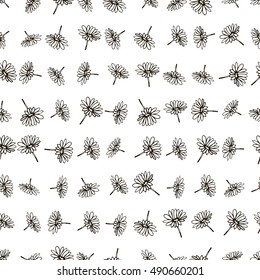 Black and white floral seamless pattern with sketch daisies. Cute background with black grunge chamomiles on white. Hand drawn daisy, meadow flowers, daisies background. Vector illustration.