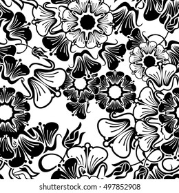 Black and white floral seamless pattern. Abstract flowers silhouettes. Vector clip art.