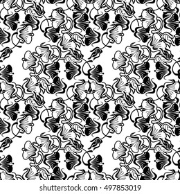 Black and white floral seamless pattern. Abstract flowers silhouettes. Vector clip art.