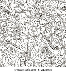 Color negro y blanco sin fisuras. Fondo monocromo de Doodle con ondas abstractas, rizos y flores. Ideal para páginas adultas de color, envoltura, impresión y papel de tela. Ilustración del vector