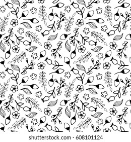 Black and white floral seamless pattern, vector. Can be used for coloring book