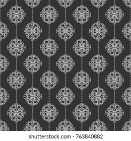 Black with white floral seamless pattern. Ornament, paisley elements. Traditional, Ethnic, Turkish, Indian motifs. Great for fabric and textile, wallpaper, packaging or any desired idea. 