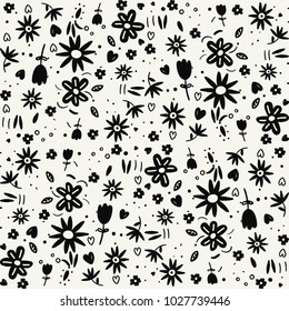 black and white floral seamless pattern.Hand drawn vector illustration