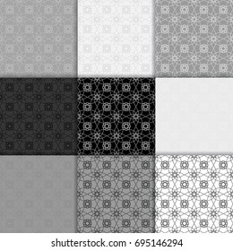 Black and white floral seamless patterns. Collection of monochrome backgrounds. Vector illustration
