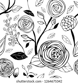 Black and white floral seamless vector pattern. Hand drawn vector illustration