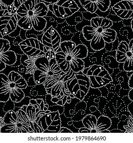 black and white floral seamless vector pattern from many dots