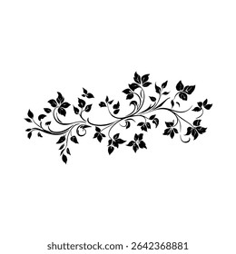 A black and white floral silhouette, featuring a distinctive ornate style with swirling branches and detailed leaves.
