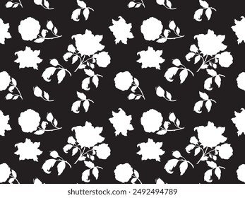 Black and white floral silhouette seamless pattern design. White background vector flat design