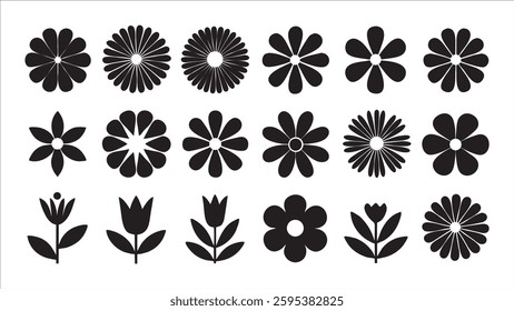 Black and White Floral Silhouettes Diverse Flower and Tulip Designs