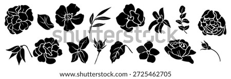 Black and white floral silhouettes featuring roses, simple flowers, and leaves with clean lines, perfect for stencils or decorative use. Vector flat illustrations isolated on white background