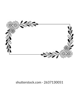 Black and white floral square frame with simple daisy flowers and soft leafy branches, vector line art style