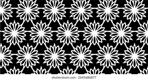 Black and white floral starburst pattern with radial symmetry. Each flower-like element creates a vibrant repeating design.